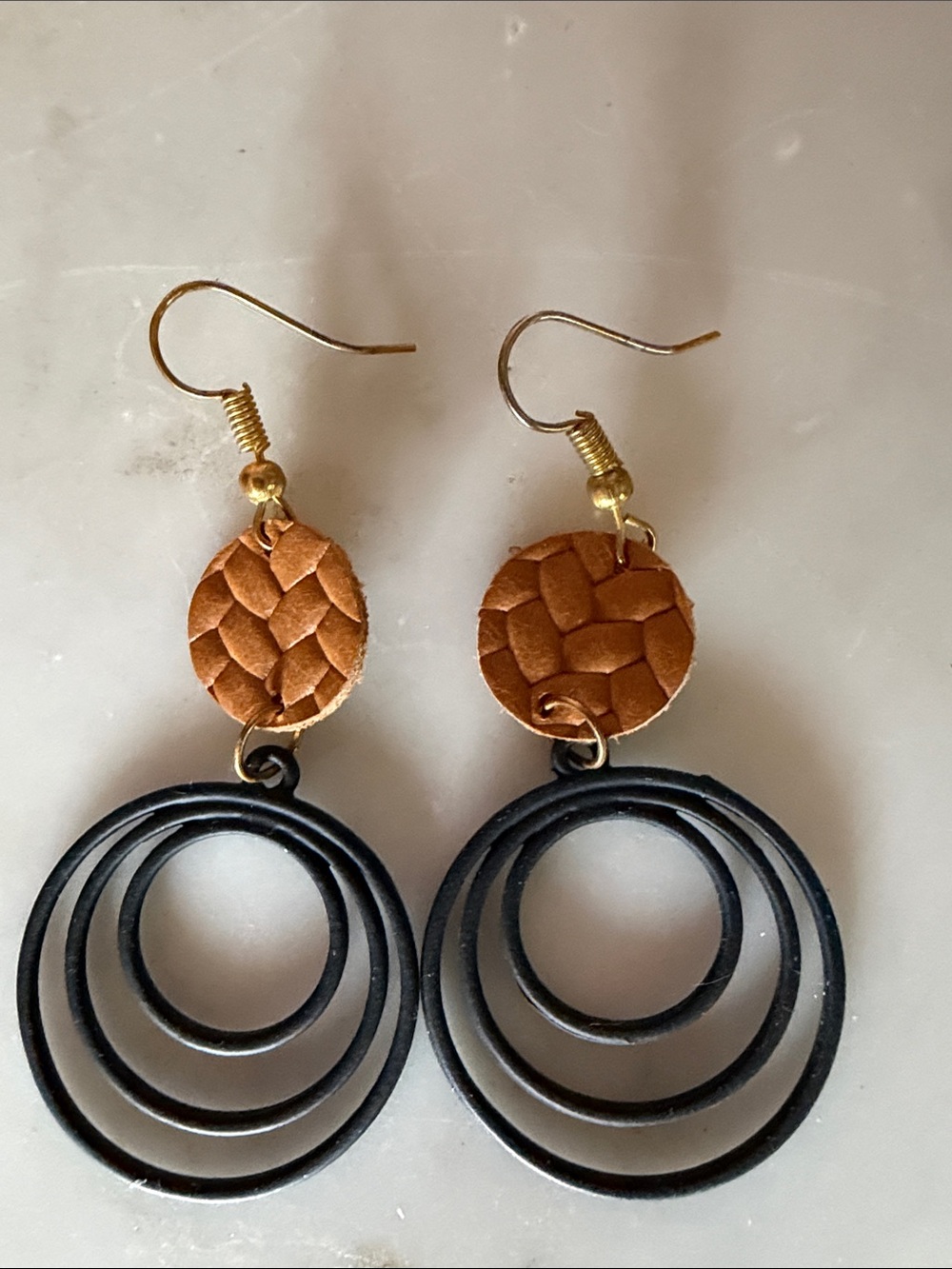 Handcrafted Brown Leather & Black Hoop Dangle Earrings